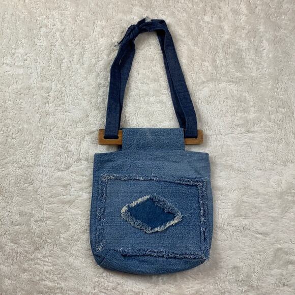 Handmade denim wood accent hand tote bag - Picture 1 of 8